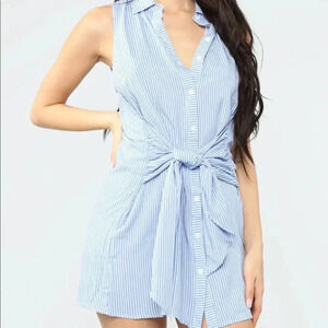 Blue and White Striped Front Bow Tie Dress